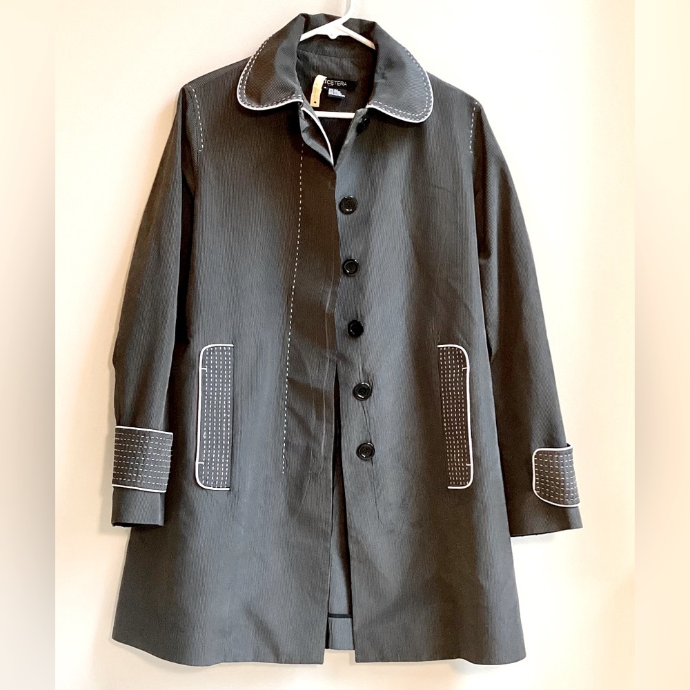 Etcetera woman’s jacket black with white stripe 100% silk trench coat
